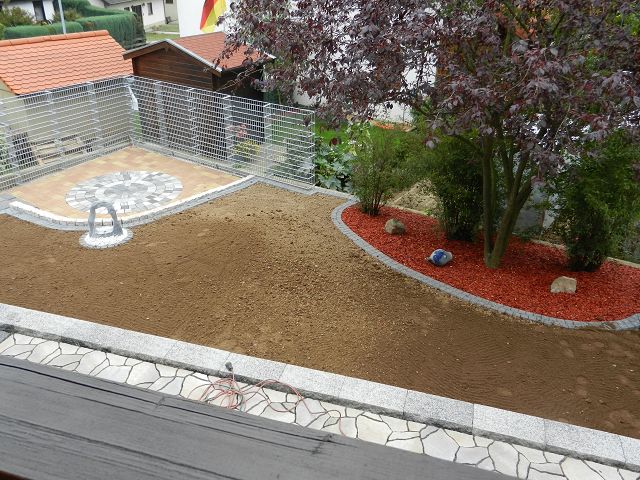 Darstellung Mutterboden, roter Mulch und Brunnen.